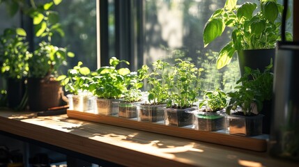 Fresh herbs growing on a windowsill, various types of seedlings in small containers, bathed in sunlight.