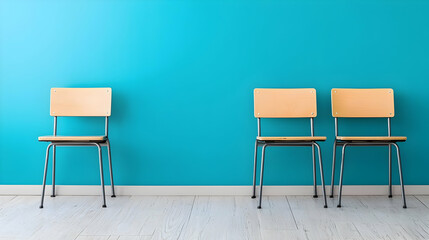 Three Empty Wooden Chairs Against Teal Wall