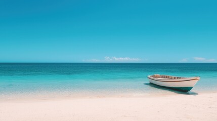 Obraz premium A serene beach scene featuring a small boat on soft sand, with calm turquoise waters and a clear blue sky.