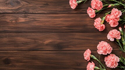 A beautiful arrangement of pink carnations on a rustic wooden surface, showcasing the natural elegance of flowers against a warm backdrop.