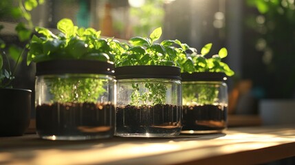 Three clear glass jars with herbs growing in soil, sitting on a wooden surface in a sunlit room.