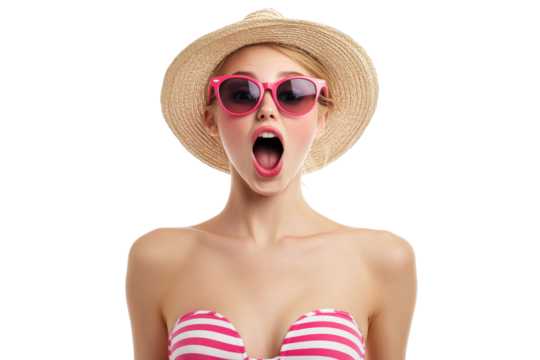 Girl in beachwear, sunglasses expresses shock, cut out transparent - Powered by Adobe