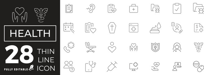 Medical Health Icon set of web and mobile in thin line style. Health Icons & Symbols Containing emergency, doctor, treatment, medical, report, diagnosis and more