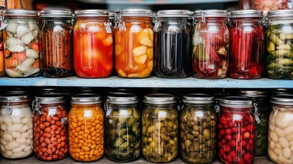 A Colorful Collection of Preserved Foods in Glass Jars