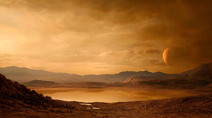 Mars Landscape Sunset View With Orange Sky