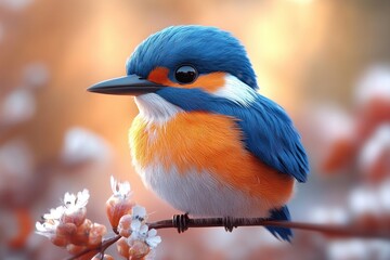 Colorful bird perched on a branch among blooming flowers during a serene spring morning
