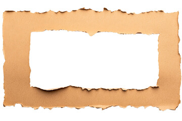 Torn brown paper frame with rough edges on black background, cut out transparent