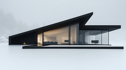 Modern House with Glass Walls in Snowy Mountain Landscape