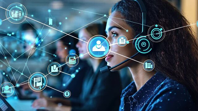 Network of connections illustrating communication through modern technology in a diverse workspace, network of connections with icons over diverse colleagues talking in office