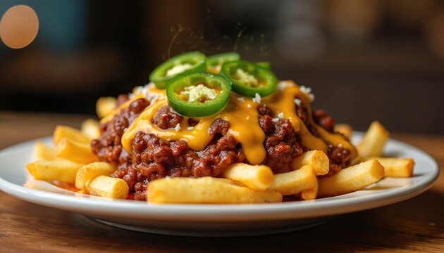 Plate loaded cheese fries with chili and jalapenos. Crispy french fries topped with chili, melted cheese and fresh jalapenos. Tasty, delicious american dish for lunch or dinner.