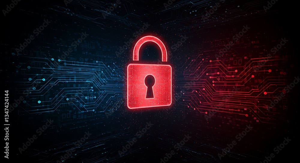 Poster glowing red padlock cyber security on digital circuit board abstract data protection tech background