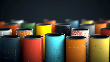 Fototapeta premium Various Color Paint Cans Arranged In Row With Texture Details And Selective Focus