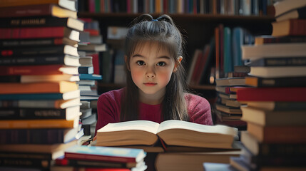 A little girl sits in a small library, surrounded by piles of books, smiling happily as she reads her favorite story