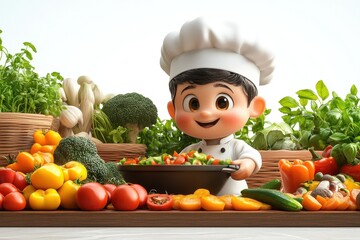 Young chef preparing a colorful vegetable dish in a bright kitchen filled with fresh produce