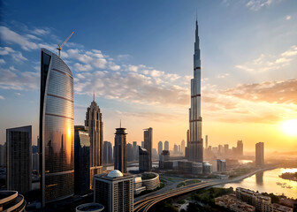 Golden Hour Reflections: Dubai’s Majestic Skyline Capturing a vibrant cityscape illuminated. skyscrapers and modern architecture create a captivating urban panorama.