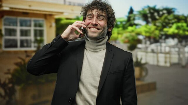Young man in jacket smiling while talking on mobile phone outdoors on a city street with vibrant greenery in the background