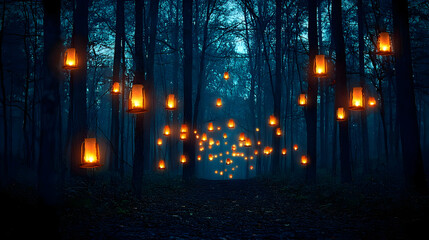 Glowing Lanterns Illuminating Dark Forest Path