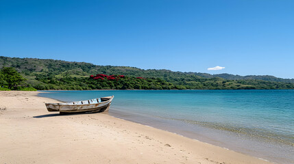 Obraz premium Tranquil Beach Scene With Wooden Boat