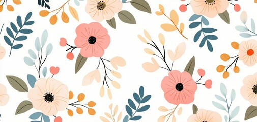 A vibrant floral pattern featuring pink and cream flowers, surrounded by delicate leaves and berries on a light background.