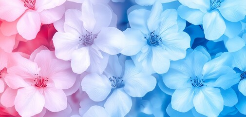 A vibrant arrangement of pink and blue flowers, creating a soft, colorful backdrop that evokes a sense of tranquility and beauty.