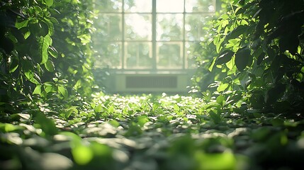 Fototapeta premium Sunlit Greenhouse Path, Overgrown Plants