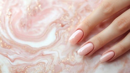 Elegant manicured hand showcasing glossy light pink nails with shimmering details on a pink marble backdrop