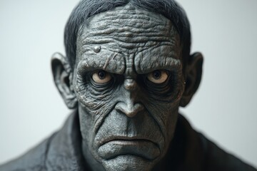 Fototapeta premium Detailed depiction of a gray-skinned creature with intense eyes, showcasing intricate textures and lifelike features in a close-up view