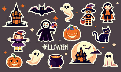 Vector illustration of Halloween stickers featuring pumpkins, ghosts, witches, bats, vampires, a haunted house, and a cauldron. 