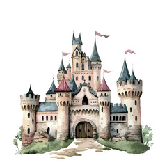 Fototapeta premium Castle with a large gate and a flag on top. The castle is white and has a red roof.