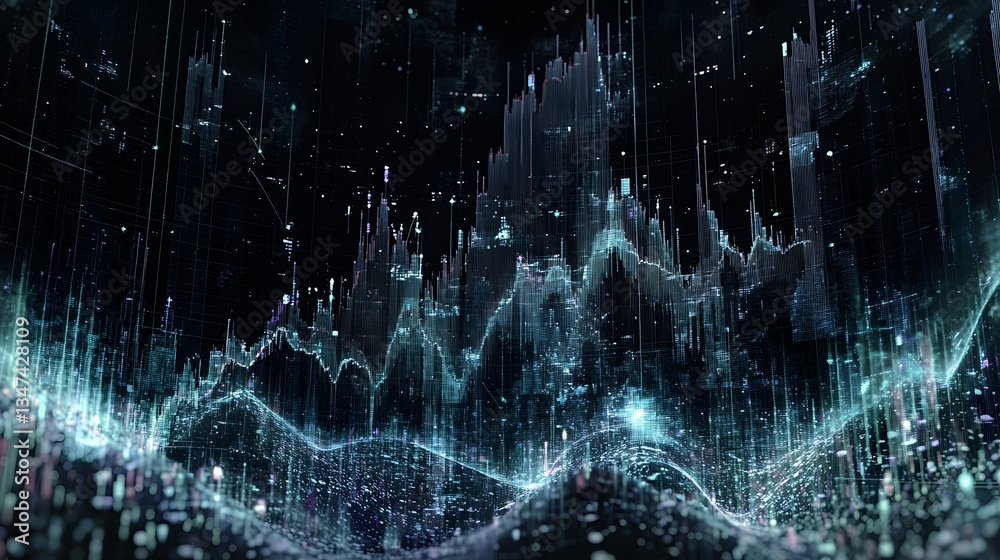 Poster a futuristic digital data landscape with glowing lines and points, representing data visualization. 