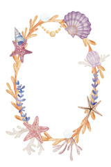 Watercolor Template with coral, shells, starfish, and pearls. Illustration of Wreath for baby invitations or childish greeting cards. Art of marine border for childish ocean projects.