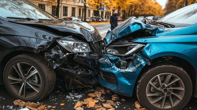 A nasty accident on the road, in a busy urban landscape. City accident, concept.