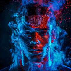 Obraz premium Vibrant red and blue fantasy portrait with abstract smoke effects