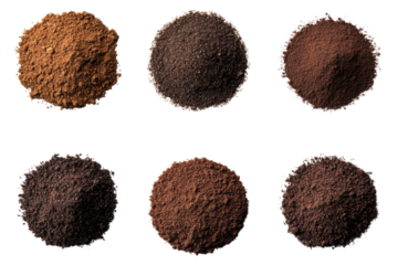 Assorted coffee grounds close-up on black background, cut out transparent