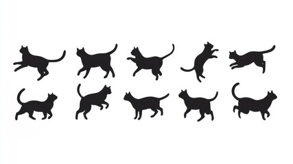 a set of black silhouettes of cats in motion, playful, walking, running, jumping isolated on a white background
