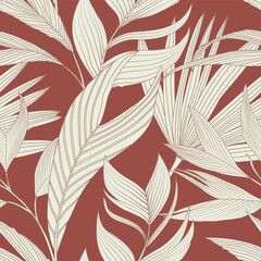 Tropical jungle seamless pattern background with palm leaves in baige.
