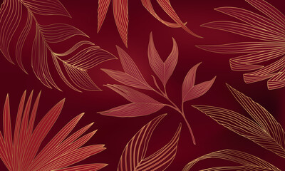 Luxury gold tropical jungl palm leaves vector background. Exotic romantic botanical wallpaper design with golden line art texture from palm leaves.