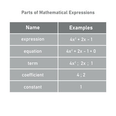 Parts of mathematical expressions in mathematics. Parts of algebraic equation. Term, expression, coefficient, constant and equation.