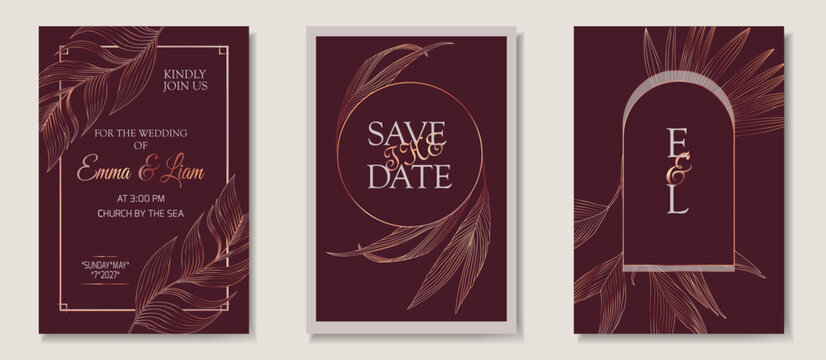 Luxury Vintage Wedding Invitation Set with Gold Palm Leaves on a Burgundy Background. Elegant Botanical Save the Date, RSVP, and Invitation art-deco, and bohemian wedding themes.