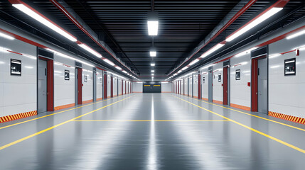 Fototapeta premium Long Industrial Corridor With White Walls Red Door Frames and Bright Overhead Lighting