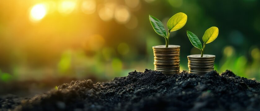 Two green plants growing from coins in soil, symbolizing investment and growth. - Powered by Adobe