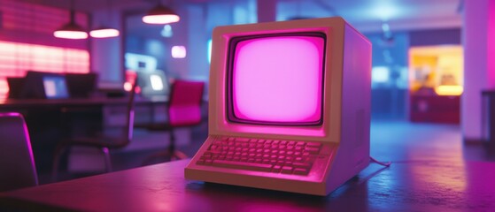 Obraz premium Retro computer with pink screen on desk in office with neon lights Concept of vintage technology, 1980s aesthetic, and digital nostalgia