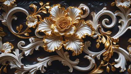 Opulent gold-accented ivory floral design, a regal baroque masterpiece with intricate carvings against a deep midnight backdrop.