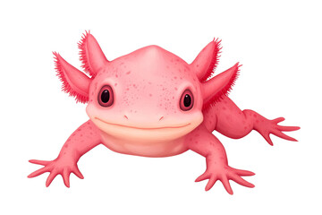 Pink Axolotl amphibian with gills, smiling expression, cute creature, cut out transparent