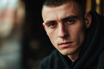 Fototapeta premium Close up portrait of a young man with short hair wearing a dark hooded sweatshirt looking at the camera