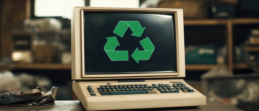 Vintage computer with green recycling symbol on screen in workshop Concept of ewaste, environmental awareness, and technology obsolescence