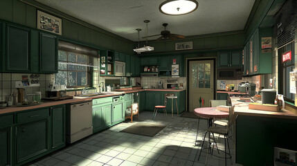Pixelated Retro Green Kitchen Interior
