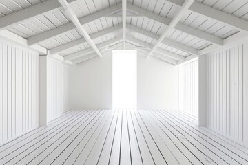 Fototapeta premium Empty white attic room with wooden beams, walls, and floor, bright light from a window.