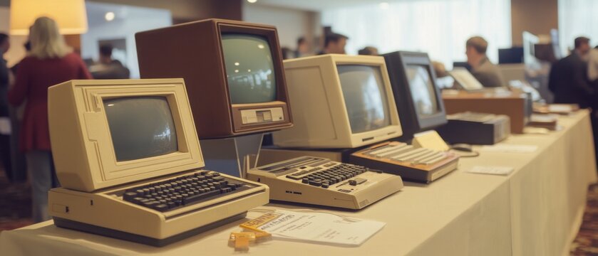 Vintage computer exposition featuring retro technology and obsolete hardware on display at an indoor technology fair