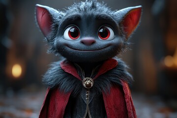 Cute animated creature with big eyes dressed in a red cloak standing in a magical forest setting